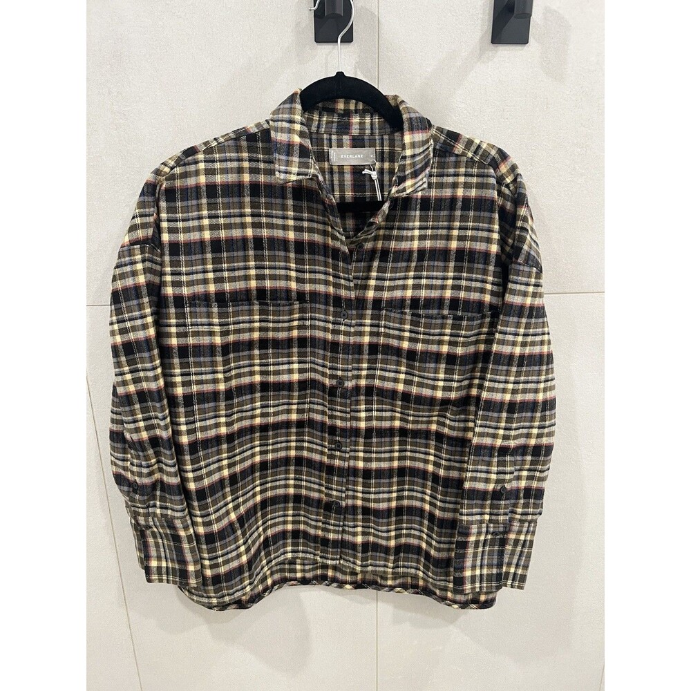 NEW EVERLANE Button Down Flannel Boxy Shirt  Brown Plaid 100% Cotton Medium